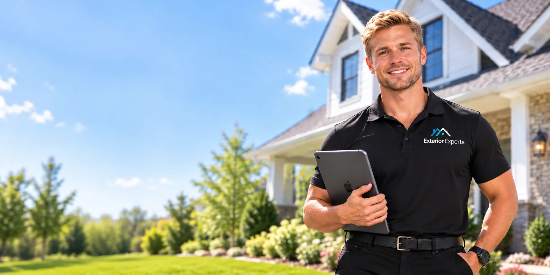 A contractor holding a tablet in front of a customer's house