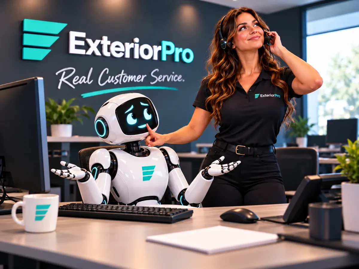 An ExteriorPro support rep on a headset, smiling, beside a customer service robot shrugging at its desk