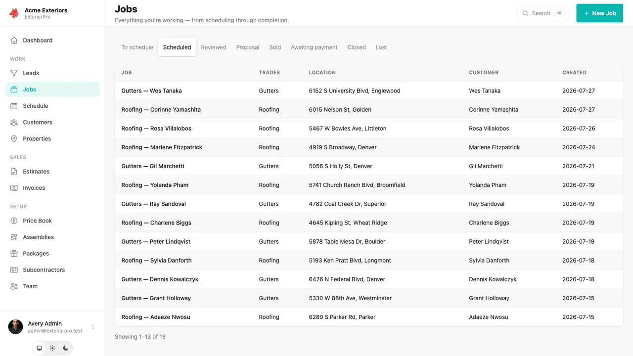 ExteriorPro Jobs board — your pipeline at a glance